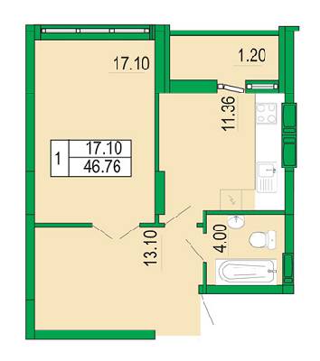 1-комнатная 46.76 м² в ЖК Венеция от застройщика, Киев