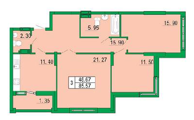 3-комнатная 86.57 м² в ЖК Венеция от застройщика, Киев