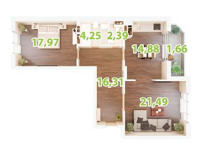 2-комнатная 78.95 м² в ЖК Зеленый Остров-2 от застройщика, Киев