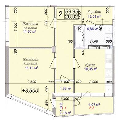 2-кімнатна 59.95 м² в ЖК Діамант від 11 500 грн/м², м. Бровари