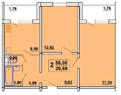 2-кімнатна 58.08 м² в ЖК на вул. Гвардійська, 17 від забудовника, с. Шевченкове
