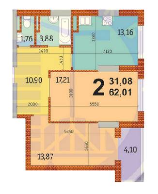 2-комнатная 62.01 м² в ЖК на ул. Гмыри, 17 от 25 900 грн/м², Киев