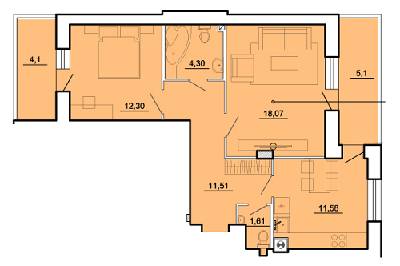 2-комнатная 68.57 м² в ЖК на вул. Залізнична, 40 от застройщика, г. Броды