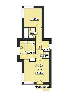 2-комнатная 56.38 м² в ЖК Парковый от застройщика, г. Буча