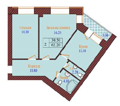2-кімнатна 62.2 м² в ЖК Проспект від забудовника, Хмельницький