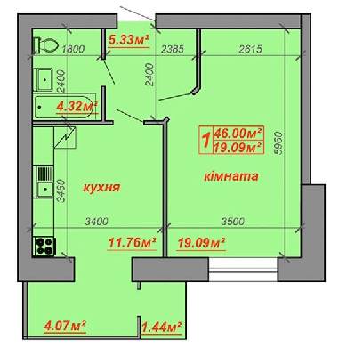 1-комнатная 46 м² в ЖК Затишний двір от застройщика, Луцк