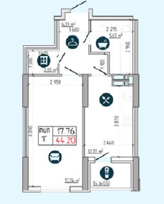 1-комнатная 44.2 м² в ЖК Южный квартал от 10 410 грн/м², Киев