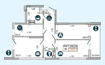 3-комнатная 70.53 м² в ЖК Южный квартал от застройщика, Киев