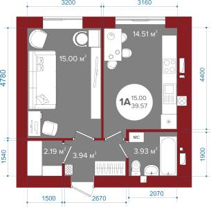 1-кімнатна 39.57 м² в ЖК Олімп від 23 250 грн/м², м. Ірпінь