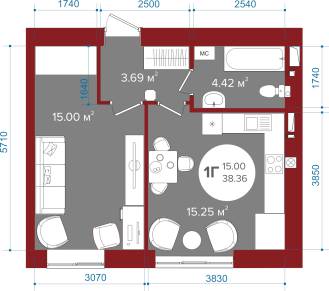 1-кімнатна 38.36 м² в ЖК Олімп від 18 400 грн/м², м. Ірпінь