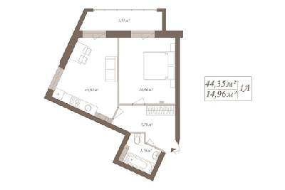 1-комнатная 44.35 м² в ЖК SloveSky от застройщика, Киев