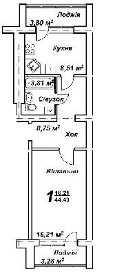 1-комнатная 44.43 м² в ЖК Молодежный городок от 14 500 грн/м², с. Крюковщина