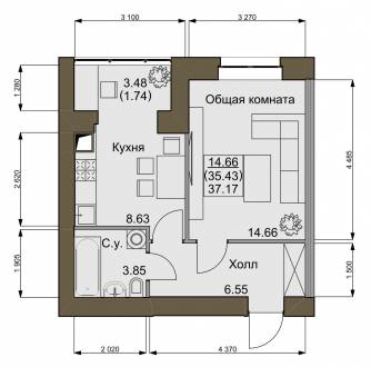 1-комнатная 37.17 м² в ЖК Софиевский квартал от 21 000 грн/м², с. Софиевская Борщаговка