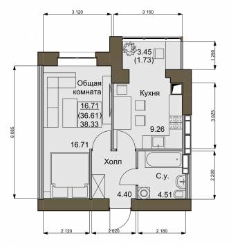 1-комнатная 38.33 м² в ЖК Софиевский квартал от 21 000 грн/м², с. Софиевская Борщаговка