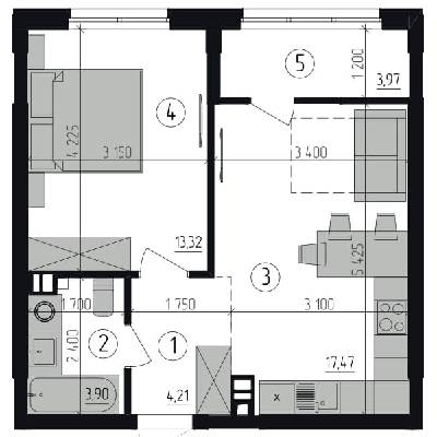 1-комнатная 42.87 м² в ЖК Район-2 от застройщика, Киев