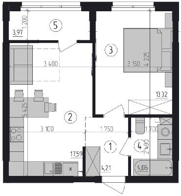1-комнатная 43.15 м² в ЖК Район-2 от застройщика, Киев