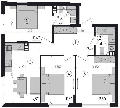 3-комнатная 69.35 м² в ЖК Район-2 от застройщика, Киев