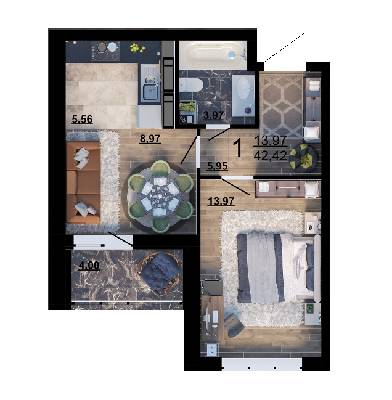 1-комнатная 42.42 м² в ЖК Парковый квартал «Город цветов» от 24 700 грн/м², Киев