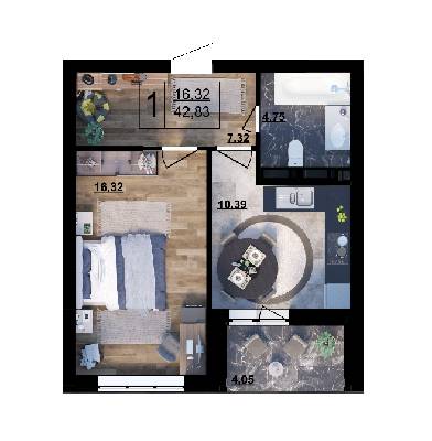 1-комнатная 42.83 м² в ЖК Парковый квартал «Город цветов» от 24 700 грн/м², Киев