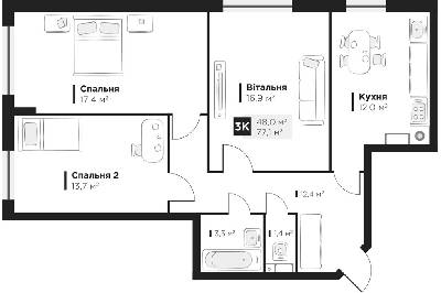 3-кімнатна 77.1 м² в ЖК Obriy 2 від забудовника, Львів