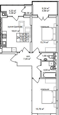 2-комнатная 72.67 м² в ЖК Софиевка от застройщика, Львов