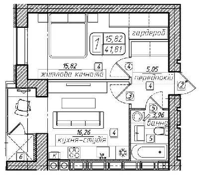 1-комнатная 41.81 м² в ЖК Западный от застройщика, Винница