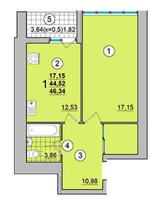 1-комнатная 46.34 м² в ЖК на Масанах от застройщика, Чернигов