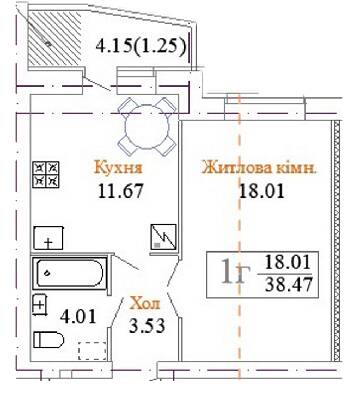 1-комнатная 38.47 м² в ЖК по просп. Миру, 63 А, Б, В от застройщика, Хмельницкий