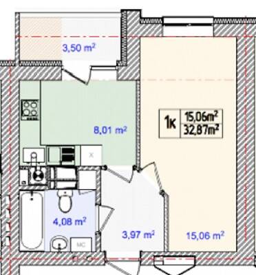 1-кімнатна 32.87 м² в ЖК Золотий ключик від забудовника, с. Тарасівка