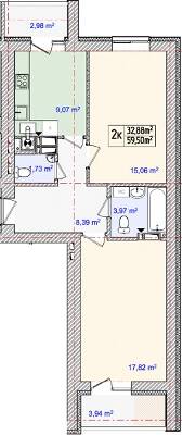 2-кімнатна 59.5 м² в ЖК Золотий ключик від забудовника, с. Тарасівка