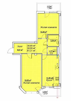 2-кімнатна 61.31 м² в ЖК Маріїнський від забудовника, смт Великодолинське