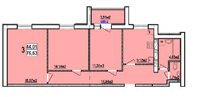 3-кімнатна 76.63 м² в ЖК Райдужний від забудовника, Харків