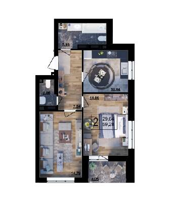 2-комнатная 59.28 м² в ЖК Парковый квартал «Город цветов» от 22 100 грн/м², Киев