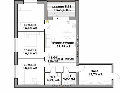 3-кімнатна 116.4 м² в ЖК Клеменова Дача від забудовника, Харків