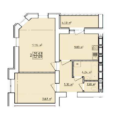 2-кімнатна 52.69 м² в ЖК Левада від забудовника, Харків