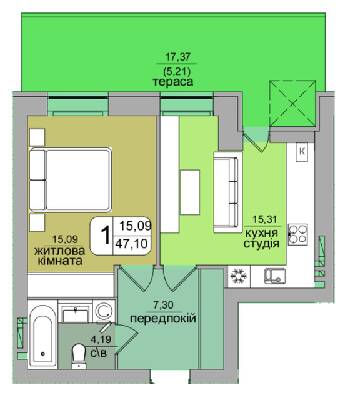 1-комнатная 47.1 м² в ЖК Green's от застройщика, Винница