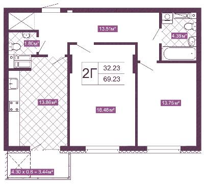 2-комнатная 69.23 м² в ЖК Голосеевский от 28 550 грн/м², Киев