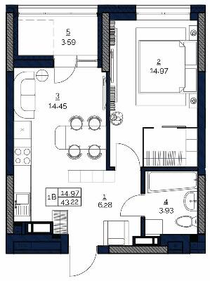 1-кімнатна 43.22 м² в ЖК POLARIS Home&Plaza від 30 974 грн/м², Київ