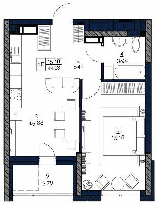 1-кімнатна 44.18 м² в ЖК POLARIS Home&Plaza від 30 974 грн/м², Київ