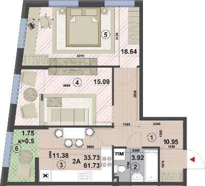 2-комнатная 61.73 м² в ЖК Paradise Avenue от застройщика, с. Крюковщина