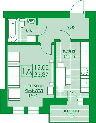 1-кімнатна 35.87 м² в ЖК Київський від 18 500 грн/м², м. Буча