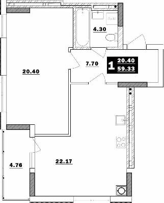 1-кімнатна 59.33 м² в ЖК Обухівський ключ від забудовника, м. Обухів