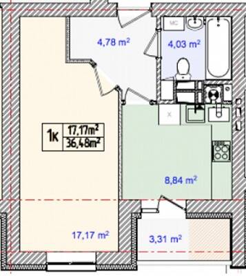 1-кімнатна 36.48 м² в ЖК Золотий ключик від забудовника, с. Тарасівка