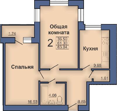 2-комнатная 63.04 м² в ЖК на ул. Мира, 18В от застройщика, Полтава
