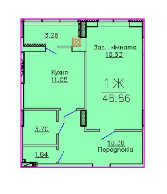 1-комнатная 48.86 м² в ЖК Панорама от застройщика, Сумы
