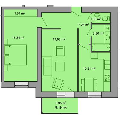 2-комнатная 59 м² в ЖК Комфорт Таун плюс от застройщика, с. Петриков