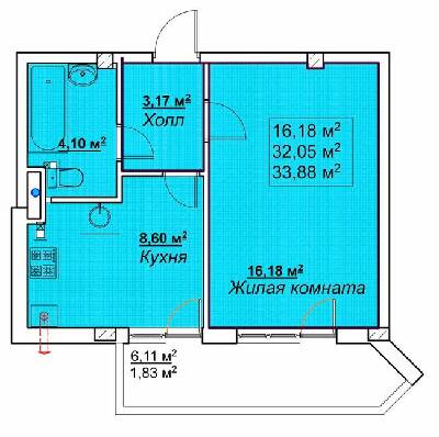 1-кімнатна 33.88 м² в ЖК Маріїнський від забудовника, смт Великодолинське