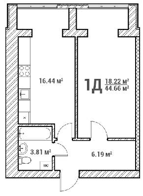 1-комнатная 44.66 м² в ЖК Молодежный городок от 16 000 грн/м², с. Крюковщина