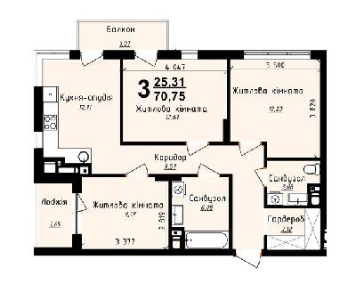 3-комнатная 70.75 м² в ЖК Plus 2 от застройщика, Львов