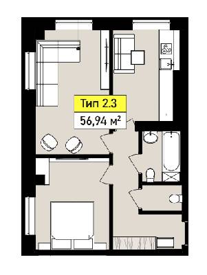 2-кімнатна 56.94 м² в ЖК Urban One SUMSKAYA від 36 300 грн/м², Харків